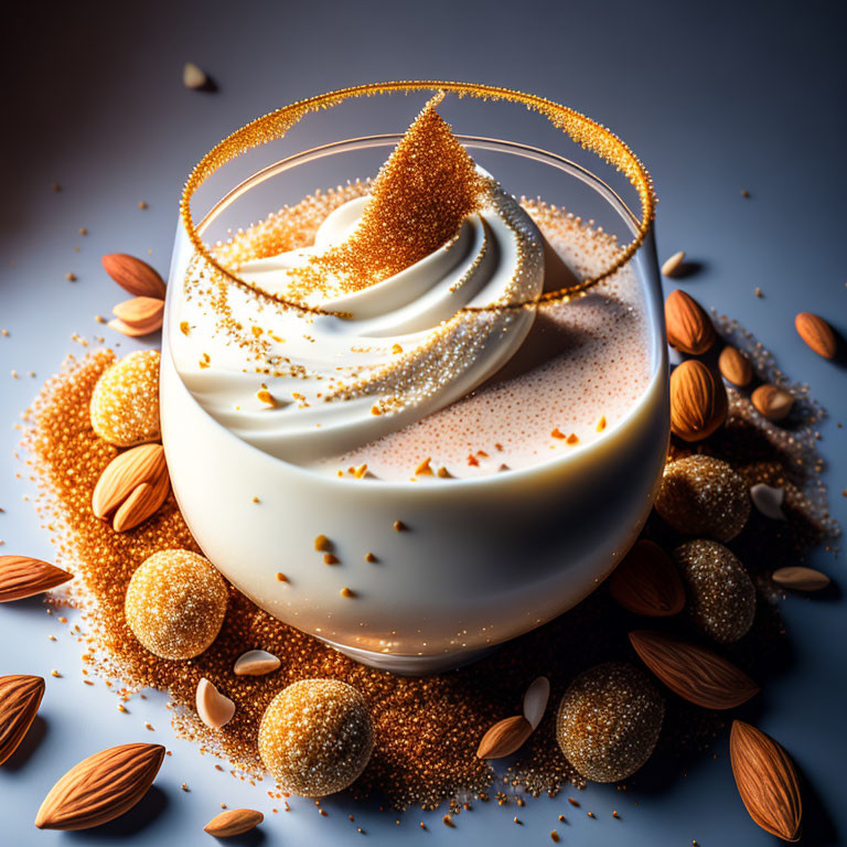 Creamy dessert in glass bowl with swirl, sprinkles, almonds, and candies on blue background