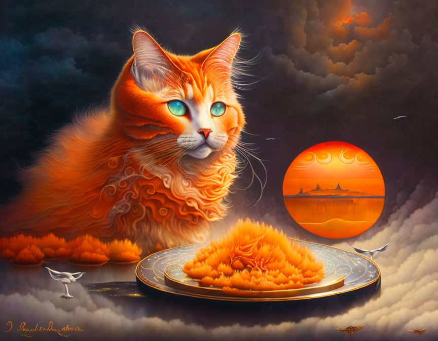 Orange cat with blue eyes in surrealistic setting with dramatic sky and setting sun.