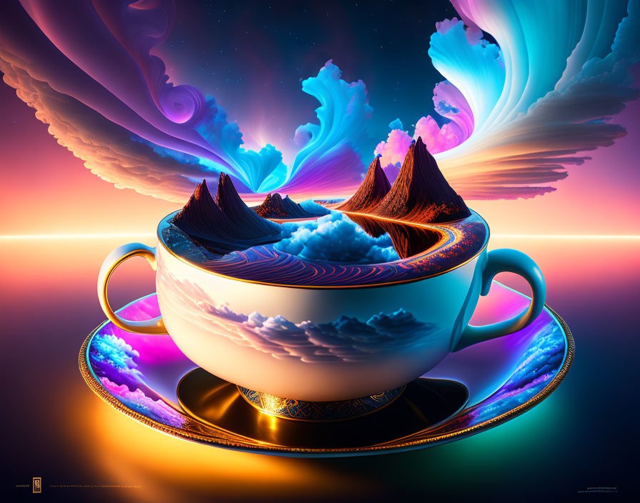 Colorful Teacup Artwork with Surreal Mountain Landscapes & Nebula Sky