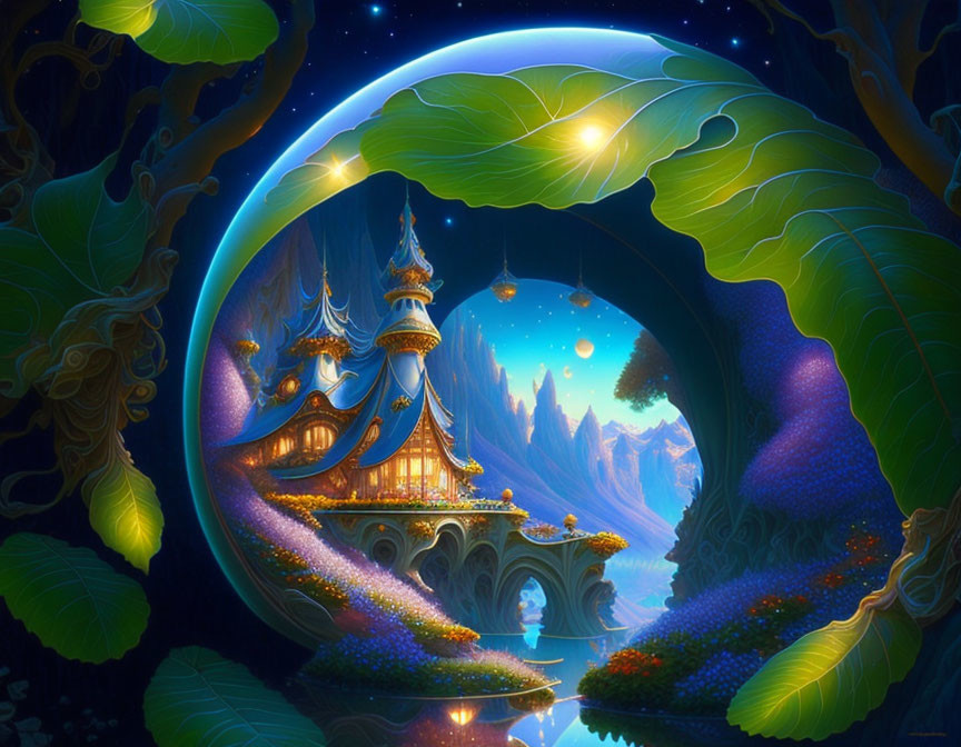 Vibrant fantasy landscape with glowing orb, castle, lush foliage, starry sky, and reflective