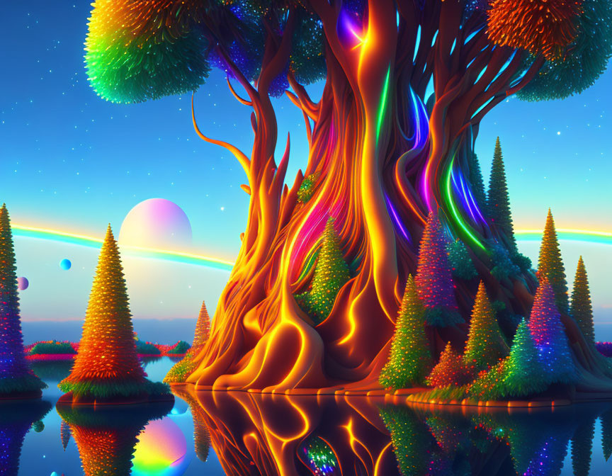 Colorful neon-lit fantasy landscape with luminous tree and glowing foliage