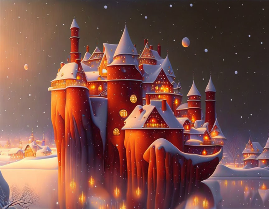 Snowy night scene: Castle on cliff with illuminated windows, village and snowflakes.