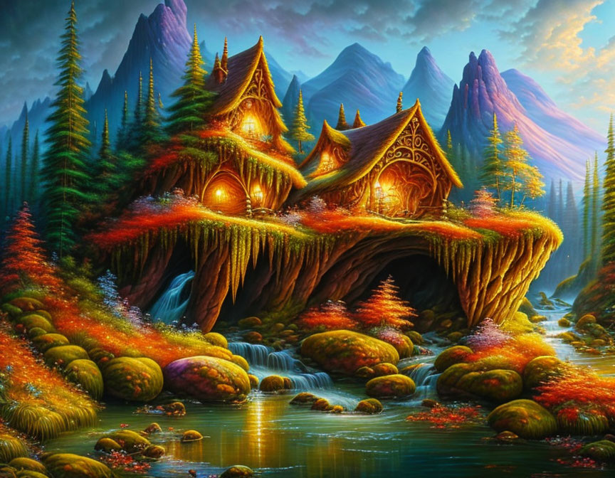 Colorful fantasy landscape with whimsical tree house, stream, mountains, and sunset sky