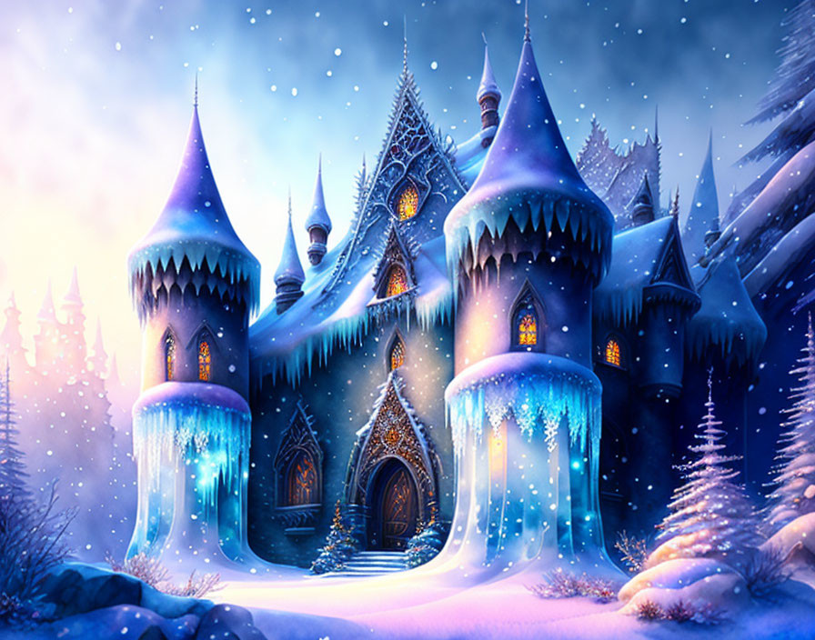 Fantasy castle with snow-covered blue rooftops in twilight snowfall