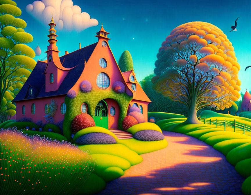 Whimsical artwork of house and lush flora under starry sky