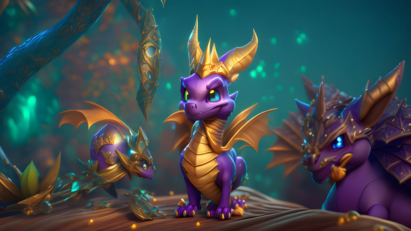 Three Cartoon Dragons in Fantastical Enchanted Setting