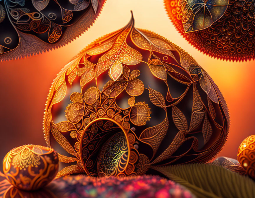 Ornate spheres and leaves in warm hues on digital art piece