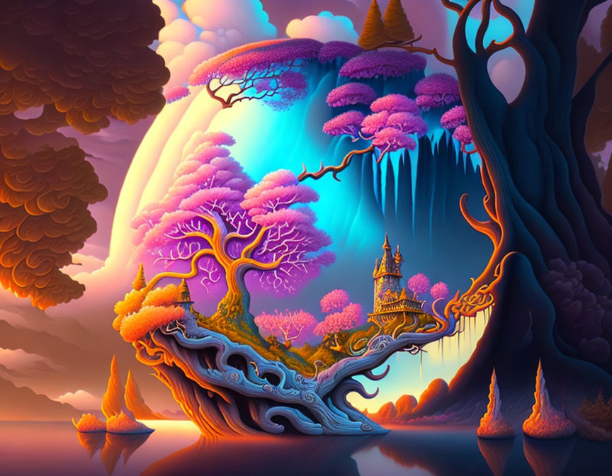 Fantasy landscape with purple trees, waterfall, floating castle, and large moon