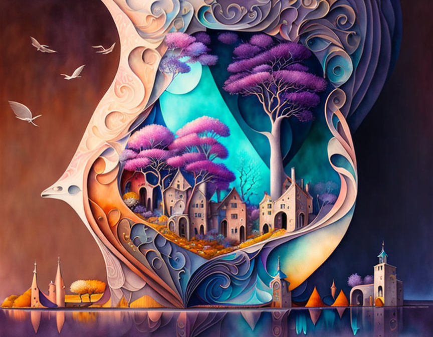 Whimsical heart-shaped painting with birds, trees, and colorful buildings