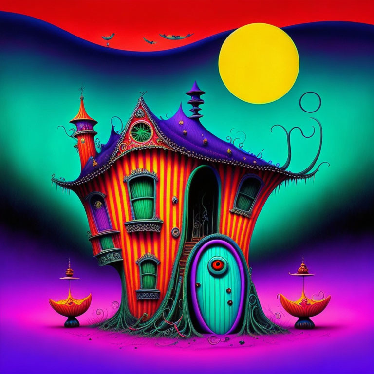 Fantasy house illustration with curved roofs and whimsical details