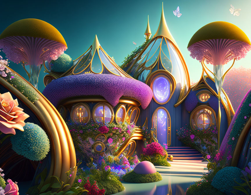 Colorful Fantasy Village with Mushroom Houses and Butterflies