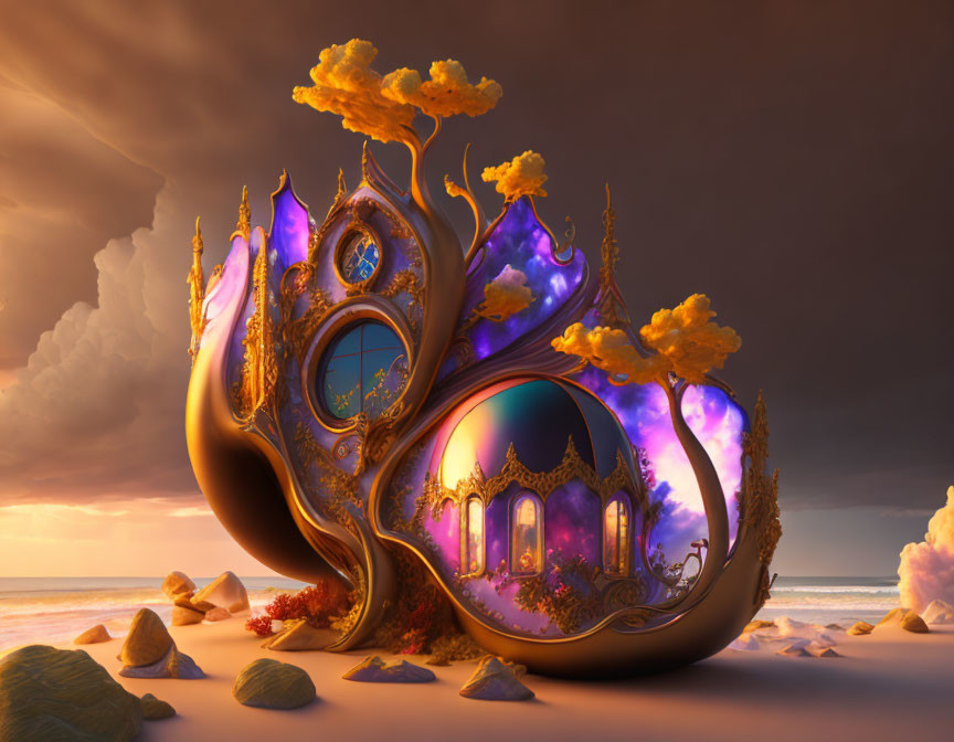 Surreal organic structure with golden accents on beach at sunset