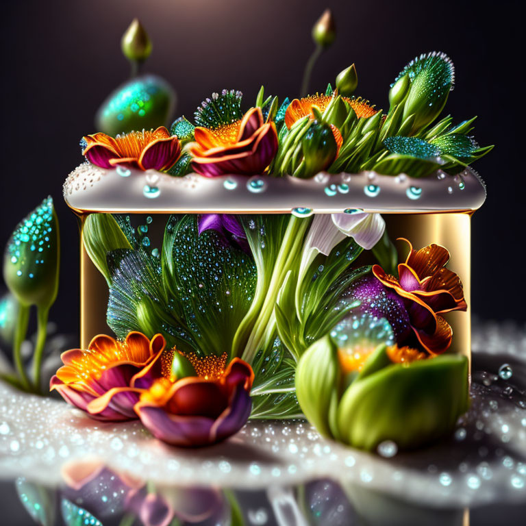 Colorful flowers and plants with dewdrops in soft light: a magical micro-landscape