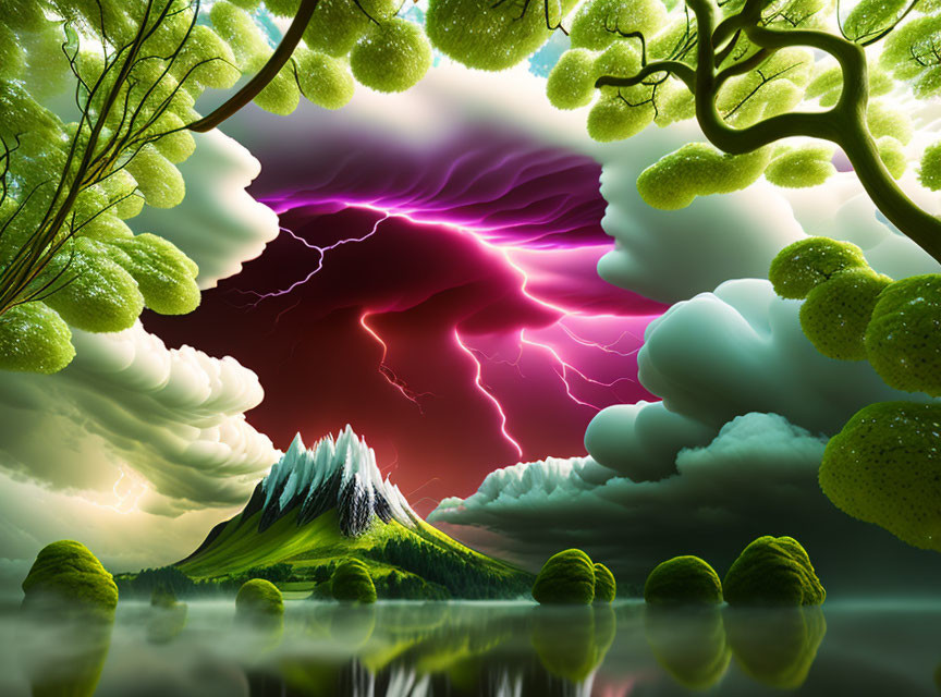 Surreal landscape: calm lake, green reflections, tree-like formations, dramatic sky with purple lightning