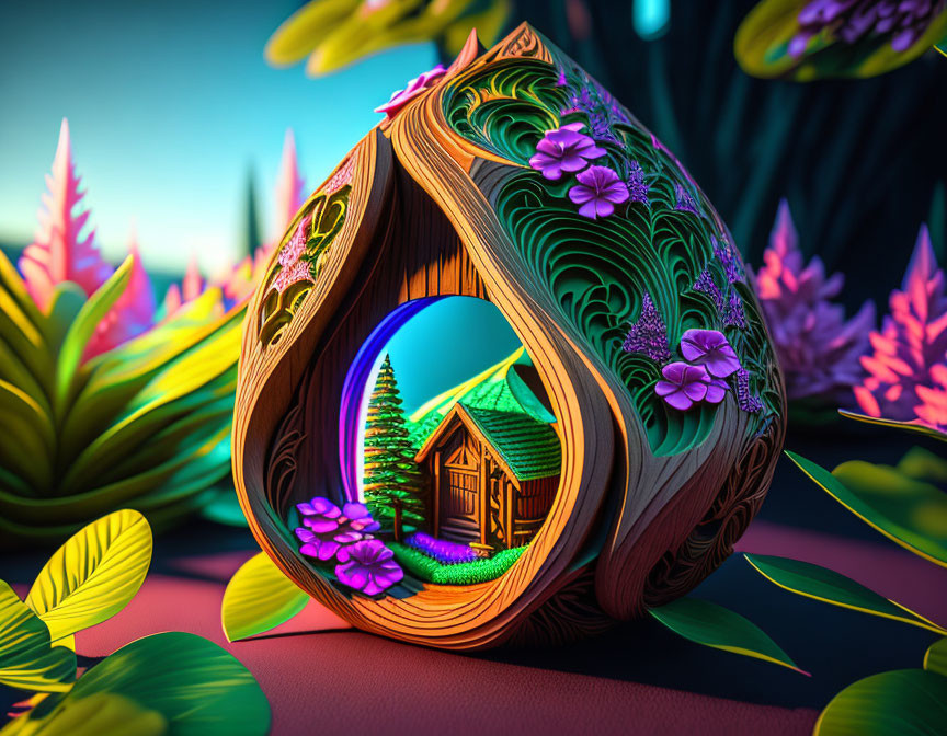 Colorful 3D illustration of whimsical book with cabin, pine trees, and fantasy flora.