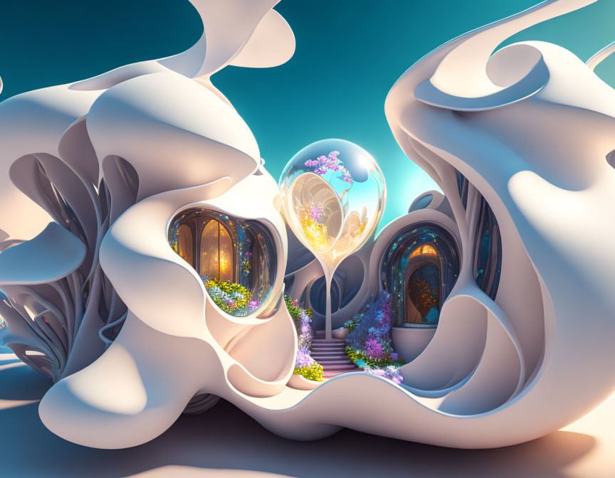 Surrealistic landscape with white structures, transparent bubbles, flowers, and staircases in warm light