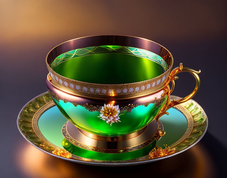 Golden Cup with Green and Gold Designs and Jewels on Matching Saucer