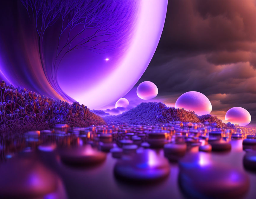 Surreal landscape with glowing orbs, purple hues, tree silhouette, luminescent moon, reflective