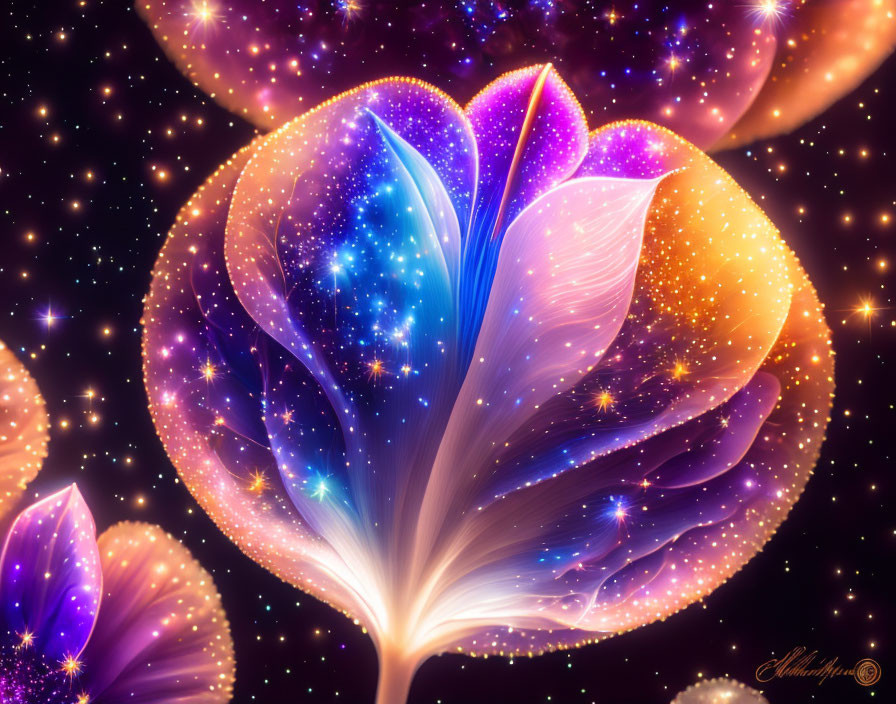 Cosmic flower digital art with galaxy petals and vibrant space background