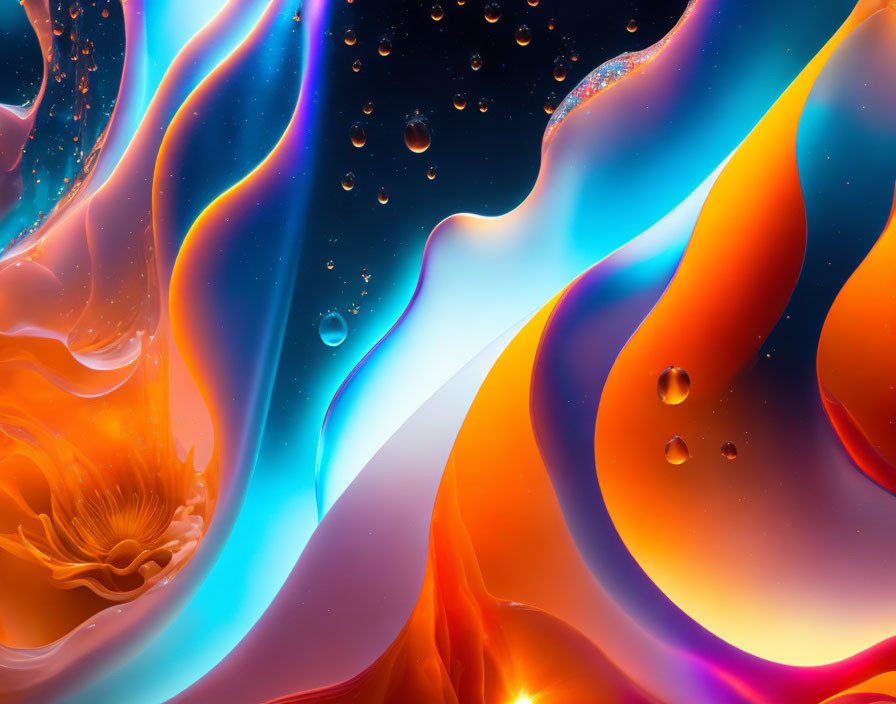 Colorful Abstract Art: Blue, Orange, Purple Hues with Swirls & Bubbles