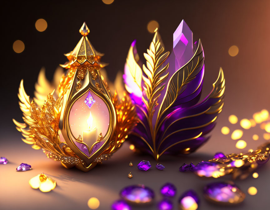 Luxurious fantasy-inspired composition with golden perfume bottle, feathers, gemstone leaf, and amethyst crystals