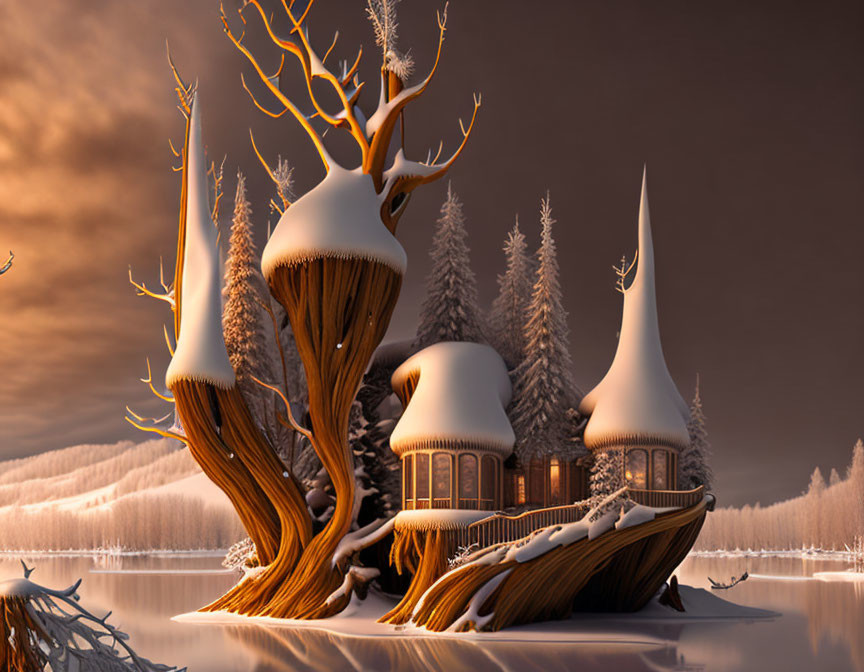 Whimsical treehouses in snowy winter landscape