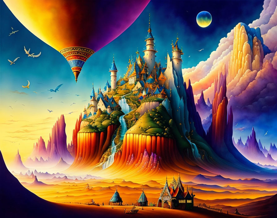 Colorful fantasy landscape with castle, birds, hot air balloon, and moon