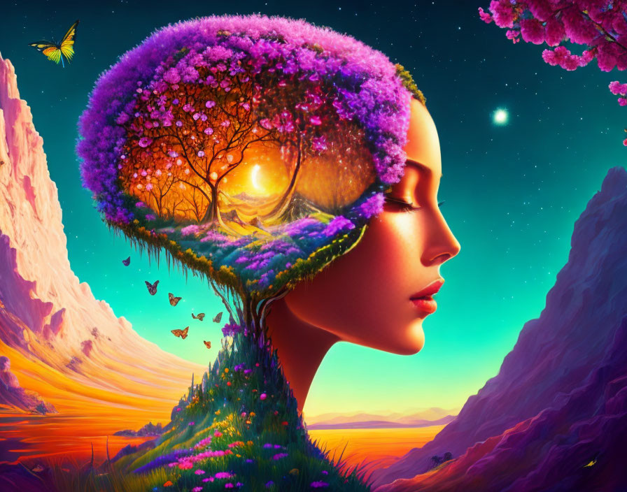 Surreal artwork: woman's profile merging with vibrant tree, butterflies, starry sky, sunset