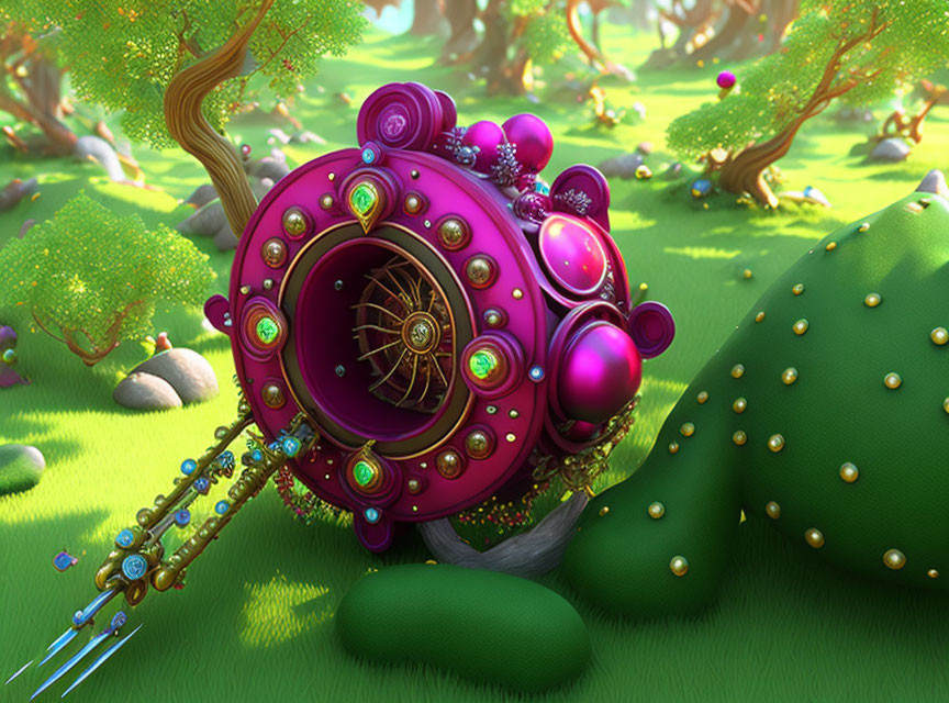 Colorful Whimsical Snail with Ornate Shell in Magical Forest