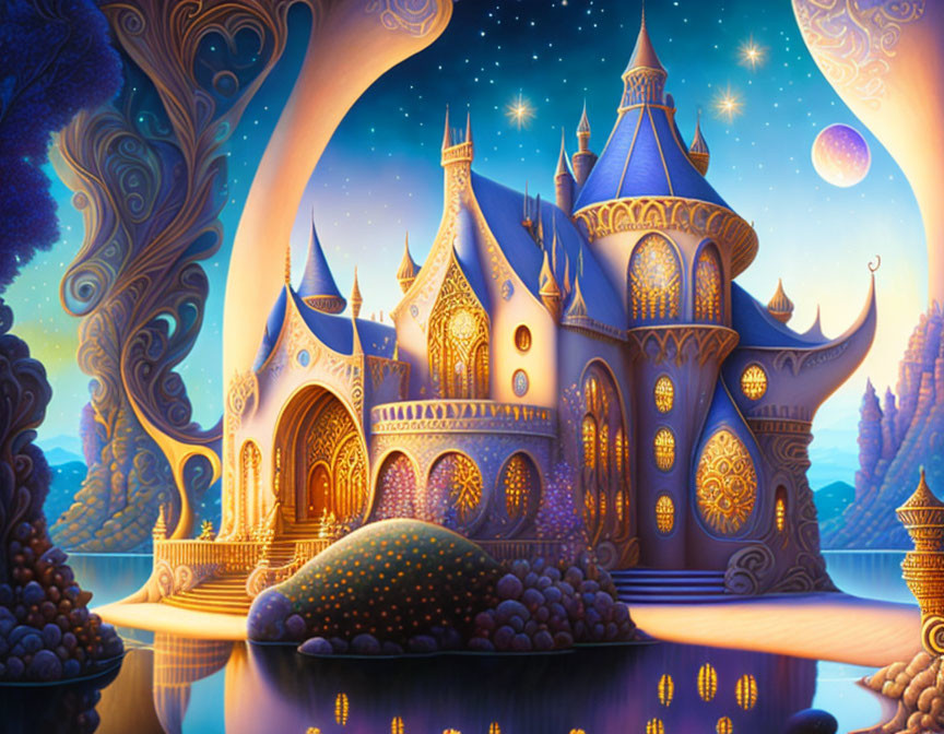 Fantasy castle with illuminated spires and magical surroundings