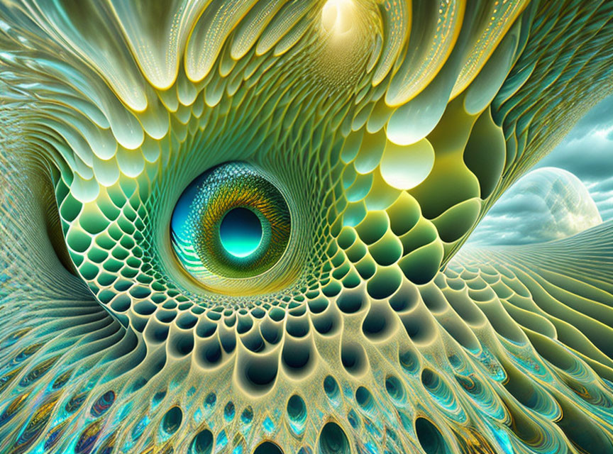 Colorful Swirling Fractal Patterns in Blue, Green, and Gold