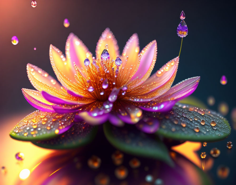 Vibrant orange and purple lotus with water droplets on dark background