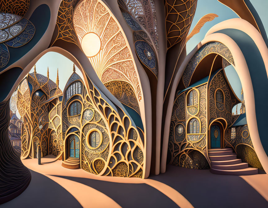 Whimsical forest with stylized trees and organic fantasy architecture