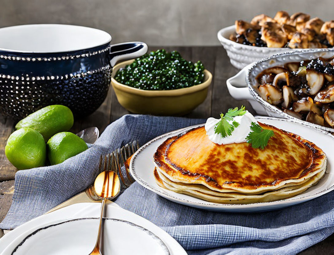 Pancakes with Butter, Caviar, Limes, and Mushrooms on Wooden Table