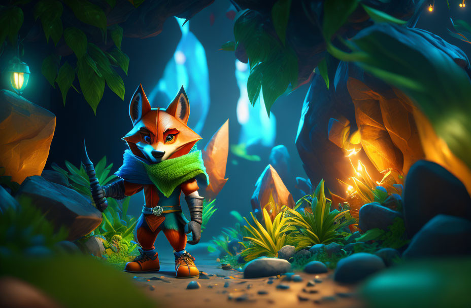 Anthropomorphic fox in adventure attire in mystical forest with glowing lanterns and blue light