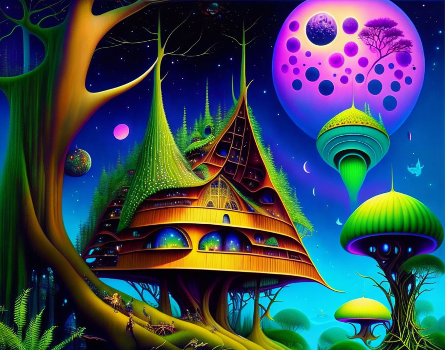 Vibrant Fantasy Landscape with Whimsical Treehouses and Luminous Mushrooms