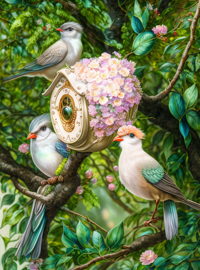 Colorful Birds with Unique Feather Hats and Vintage Clock in Lush Floral Setting