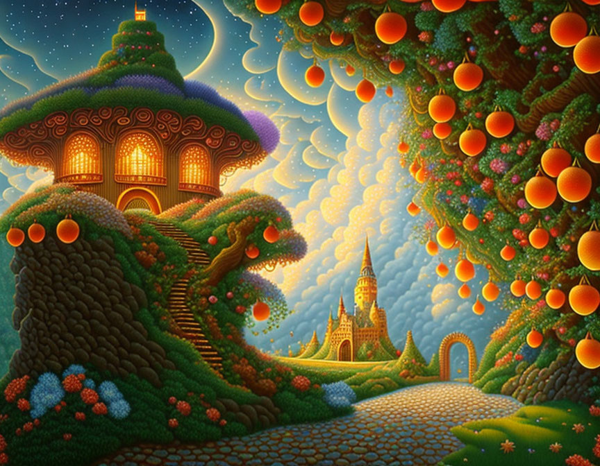 Fantastical night landscape with glowing treehouse, fruits, path, and castle.