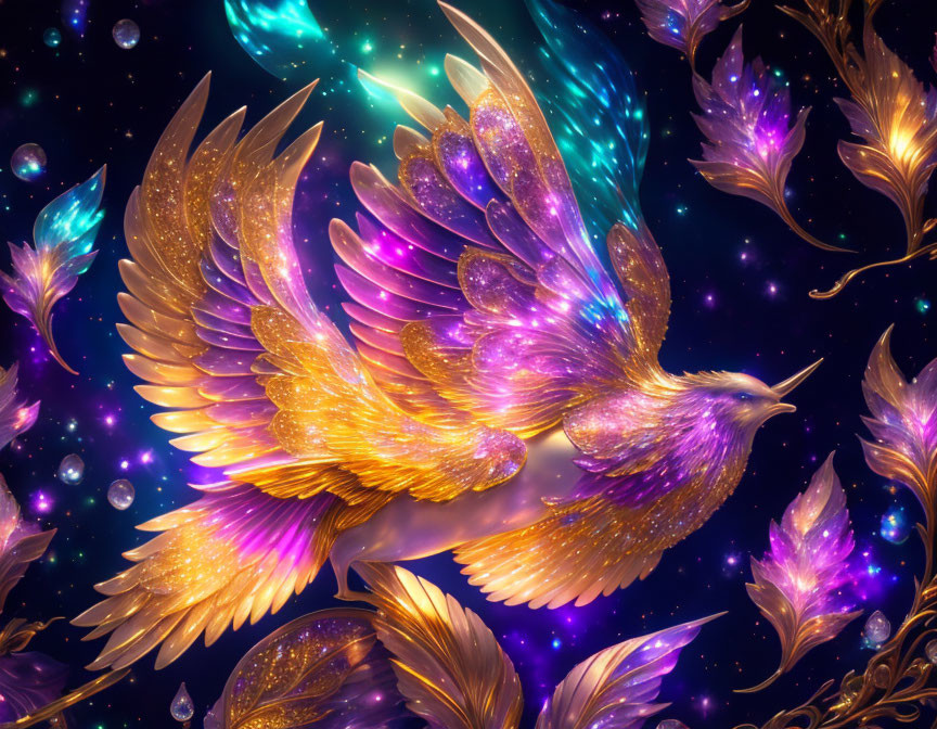 Golden bird with sparkling wings in mystical deep-space scene