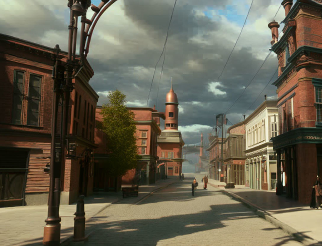 Historic street scene with brick buildings, cobblestone road, and streetlamps