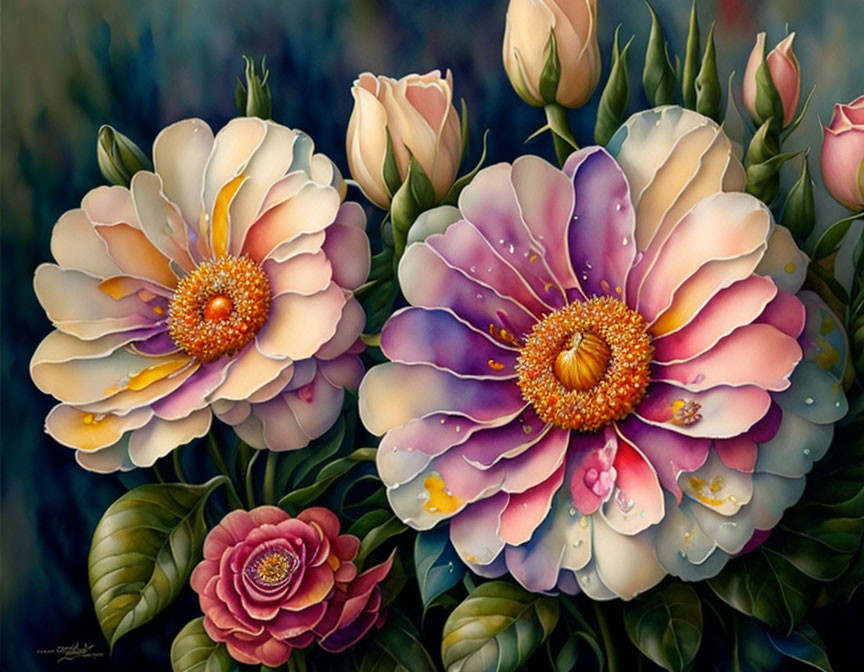 Colorful Flowers Painting with Dew and Moody Background