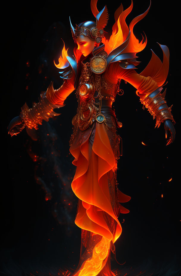 Mystical figure in red and gold armor with flames and embers