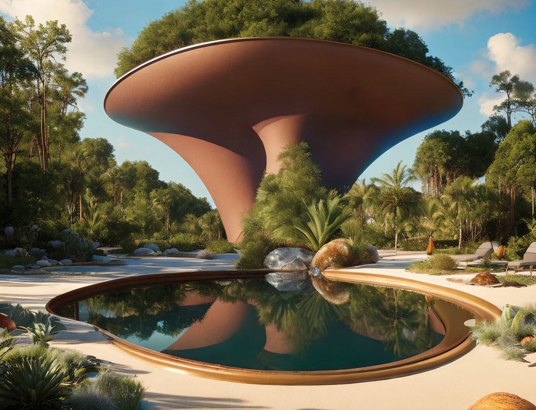 Modern mushroom-shaped building in lush green setting with reflective pool and clear sky