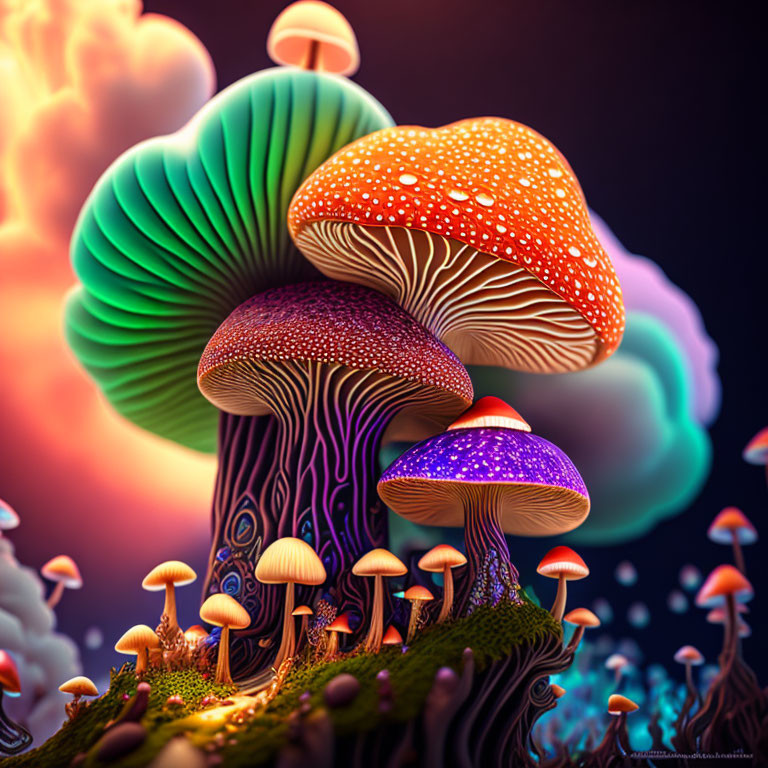 Colorful digital artwork: stylized mushrooms on cloud backdrop