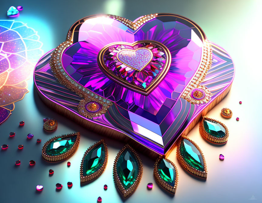 Colorful gem-studded heart artwork on glossy surface