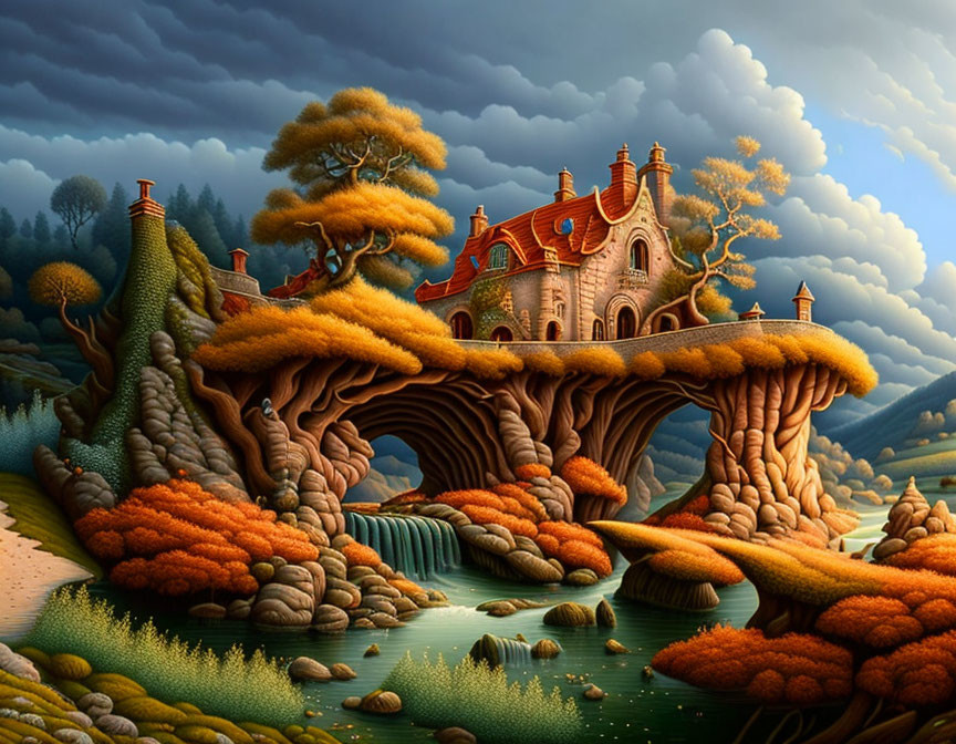 Whimsical landscape with house on tree structures amid autumn foliage