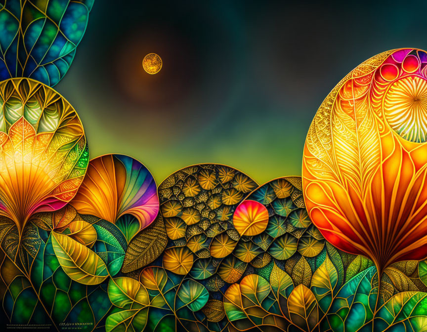 Colorful digital artwork: stylized flora in fantasy landscape at dusk