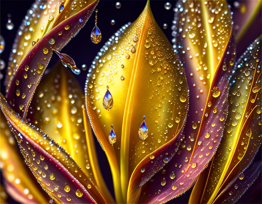 Bright yellow and orange flower petals with water droplets on a dark backdrop