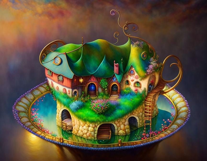 Teacup-shaped whimsical house with vibrant flowers and winding staircases