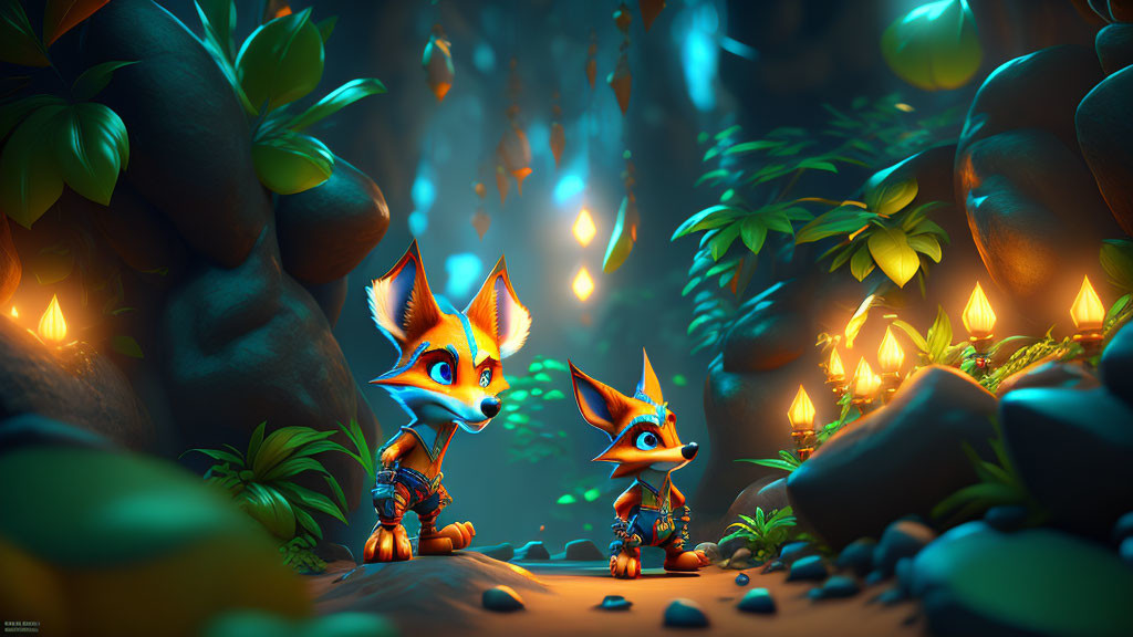 Stylized animated foxes in magical forest with glowing plants